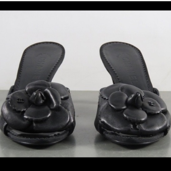 Chanel Lambskin Mesh Camellia Mules logo black kitten heels spring designer - Picture 5 of 8